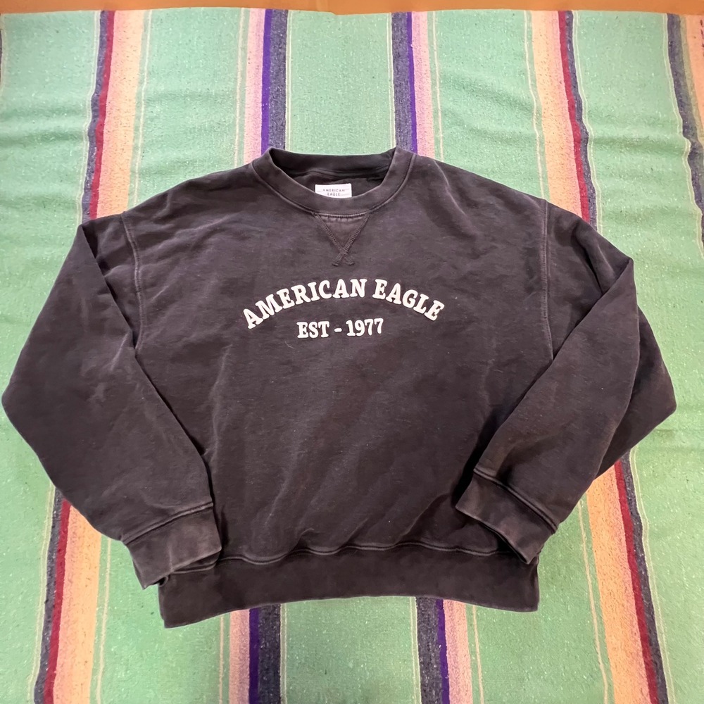 American Eagle Sweatshirt Unisex XS Black Embroidered Logo Pullover Crewneck